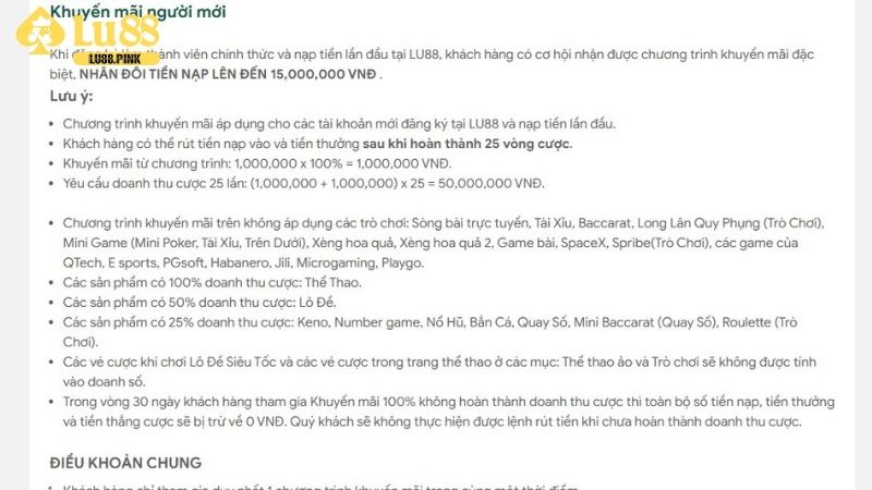 Điều khoản nhận ưu đãi tặng 100% nạp lần đầu Lu88